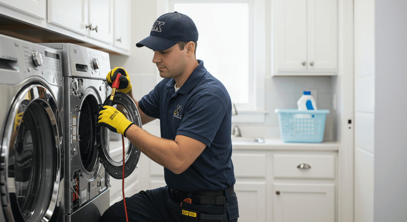 Professional dryer technician with toolbox ready to repair your dryer